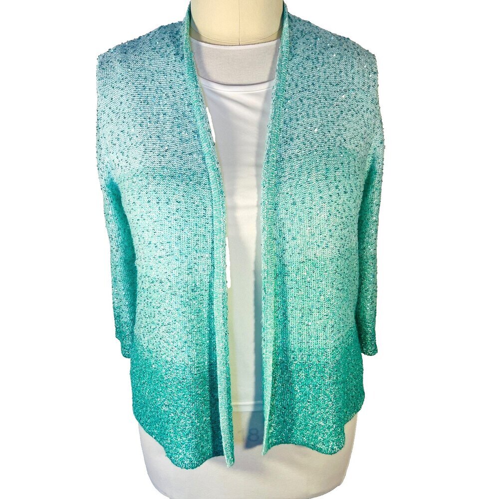 Alfred Dunner - Cardigan Sweater/Tank Twinset Women's L Ombre Mint Green Sequin